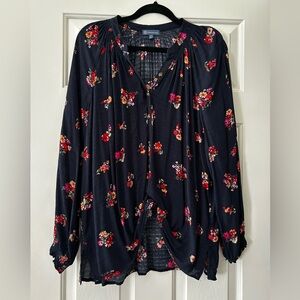 Democracy Navy Floral Button-Up Peasant Blouse - Size 1X